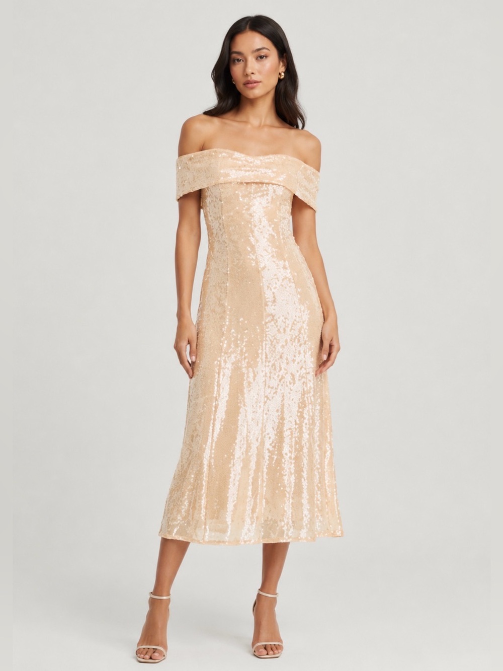 NWT Self-Portrait Gold Sequin Off Shoulder Formal Midi Dress Size 2